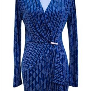 Michael Kors Blue and Black V-neck faux wrap dress